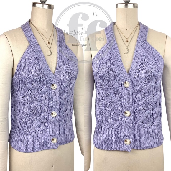 Day + Moon Chic Lavender Pastel Purple Cable Knit Sweater Vest Cardigan Tank Top - Picture 5 of 11
